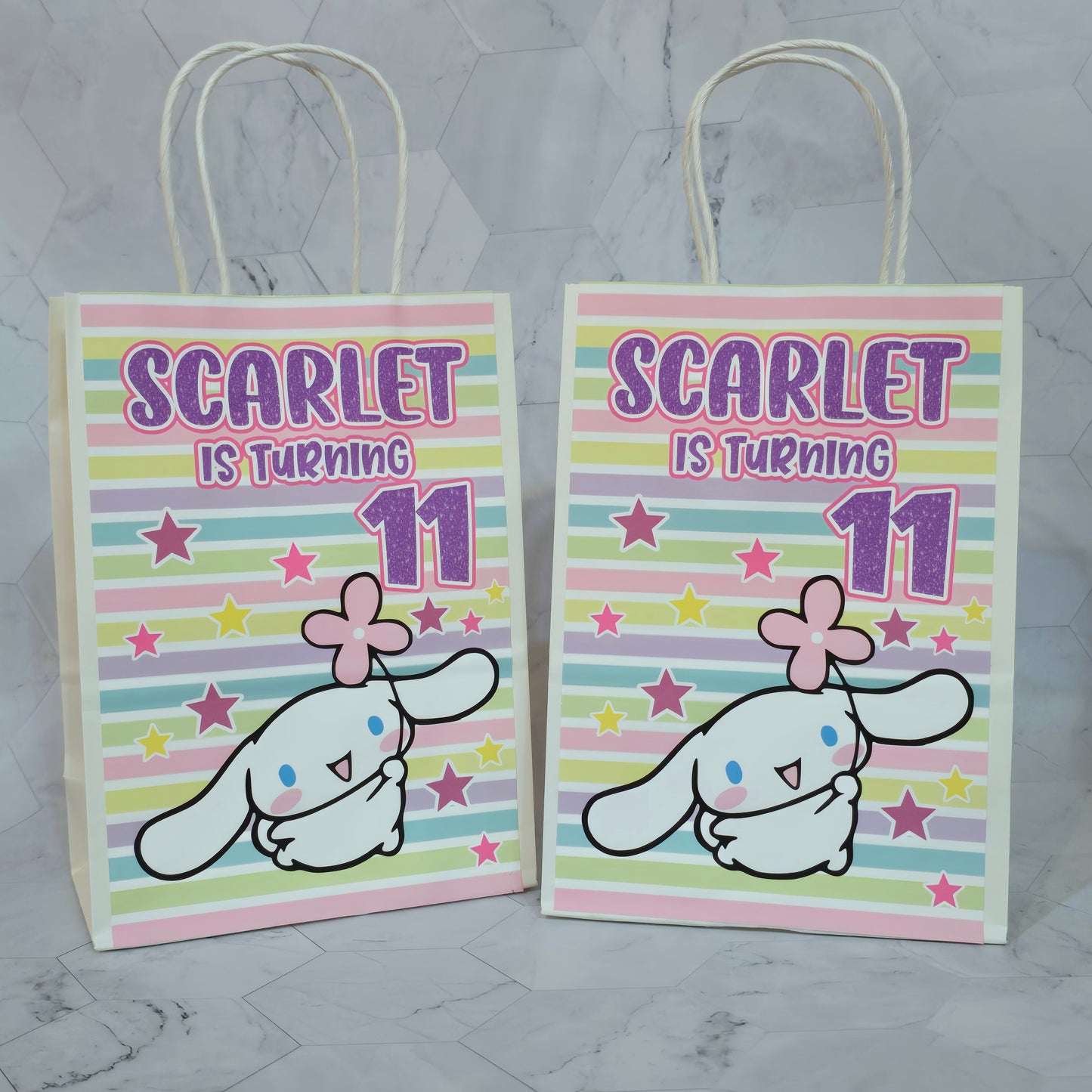 Cinnamon roll Goodie bags, Sanrio gody bags, Cinnamon roll party theme
