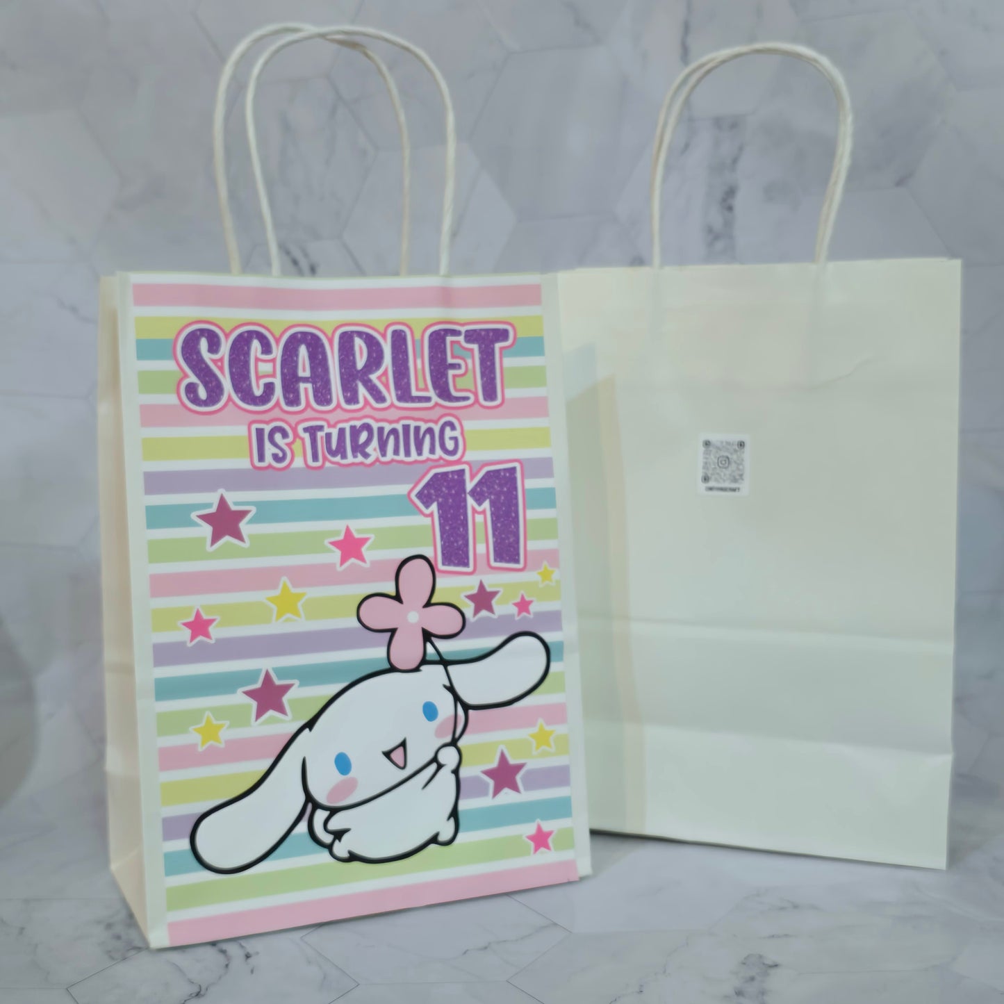 Cinnamon roll Goodie bags, Sanrio gody bags, Cinnamon roll party theme