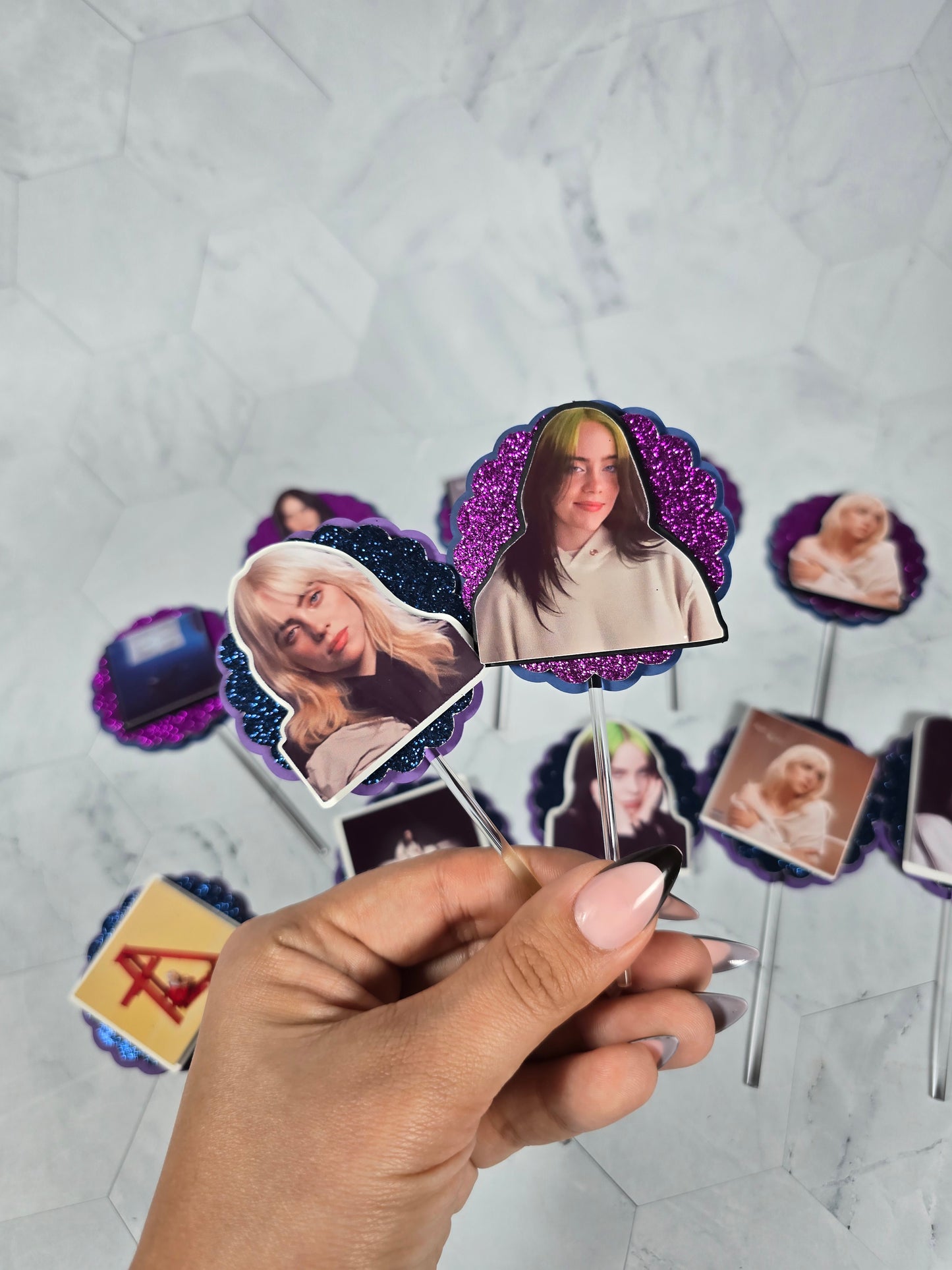 Billie Eilish Cupcake Topper Blue and Purple, Billie Eilish cupcake decor, Billie Eilish birthday
