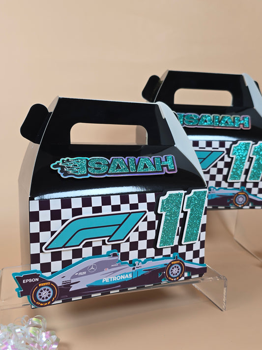 Race Cars Gable boxes, Formula 1 party favors , Mercedes birthday
