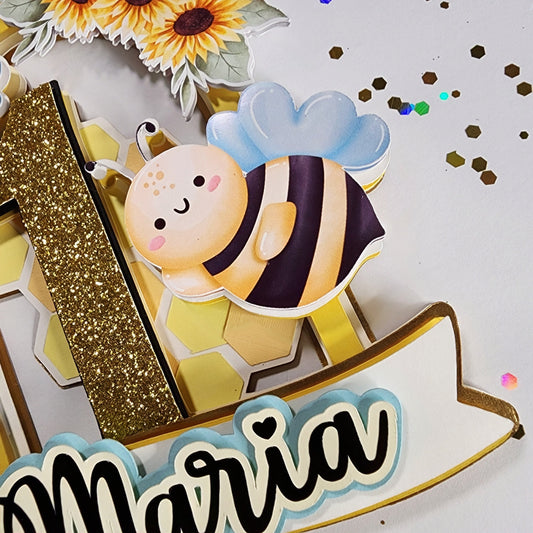 Bee Cake topper,bee and sunflowers cake decoration, First bee day cake topper