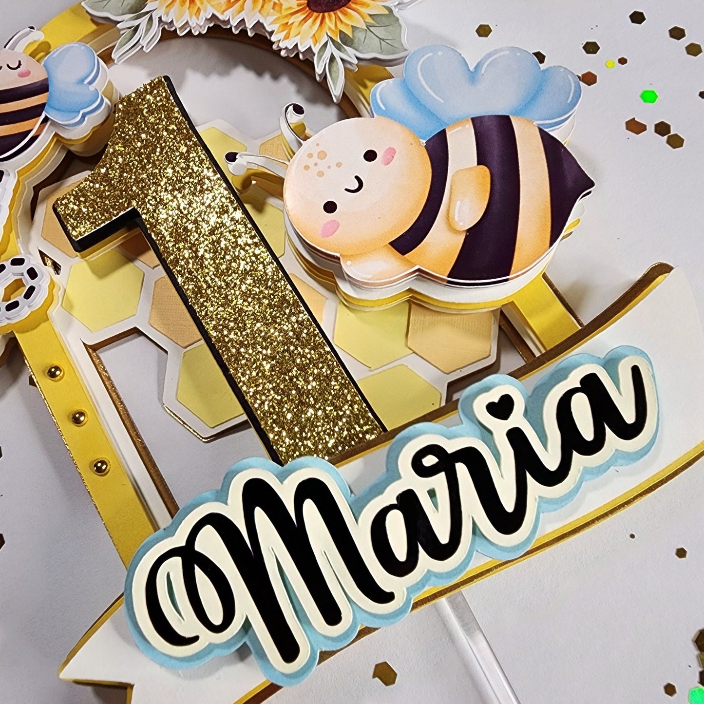 Bee Cake topper,bee and sunflowers cake decoration, First bee day cake topper