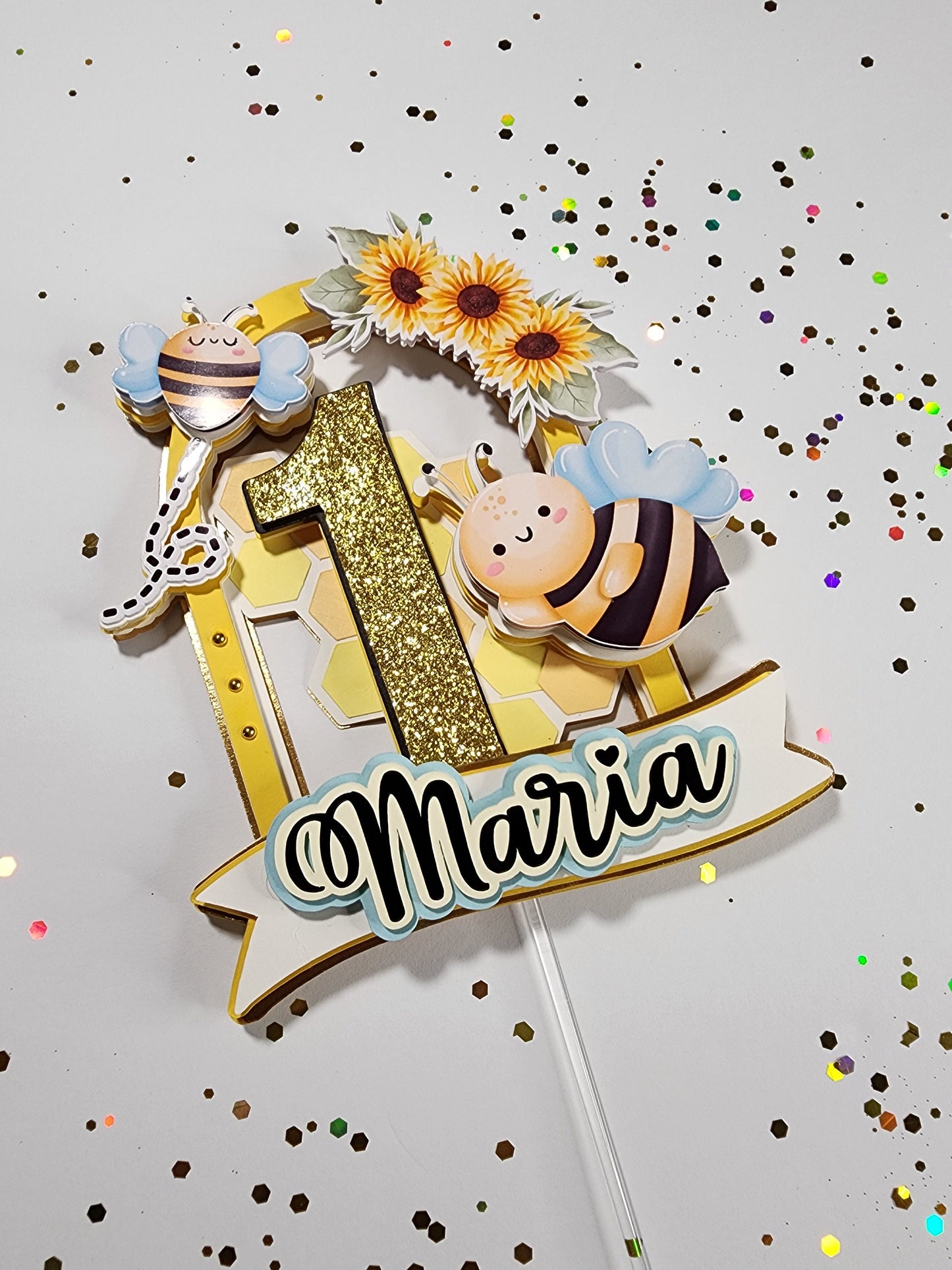 Bee Cake topper,bee and sunflowers cake decoration, First bee day cake topper