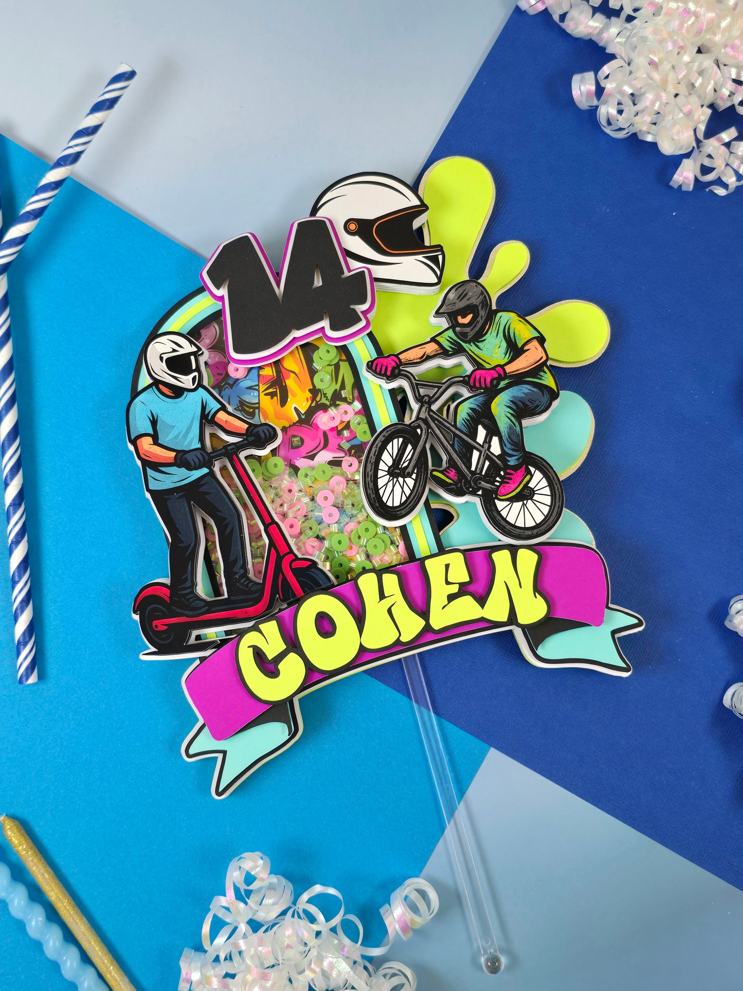 Boy Scooter Cake topper, Graffiti cake topper, Bike party theme