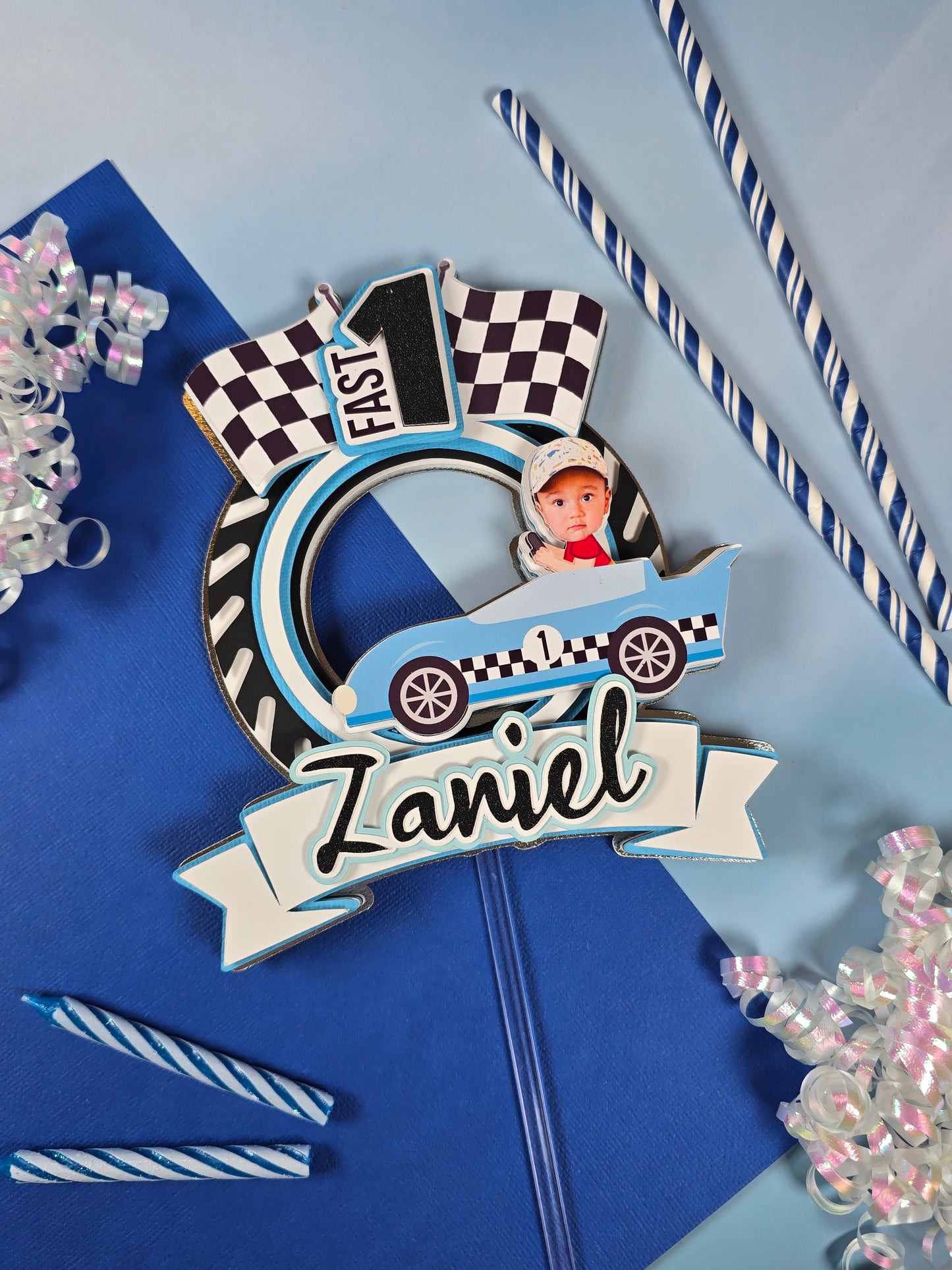 Race Car Cake topper, One fast birthday, Race cars Fast one party theme, Blue edition