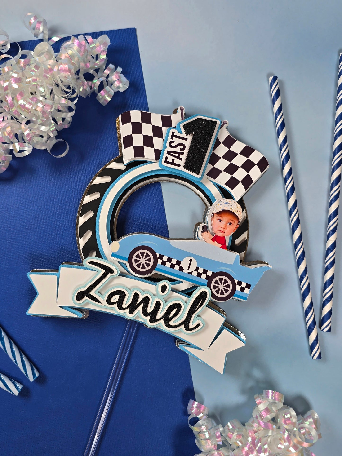 Race Car Cake topper, One fast birthday, Race cars Fast one party theme, Blue edition
