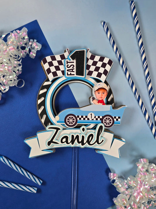 Race Car Cake topper, One fast birthday, Race cars Fast one party theme, Blue edition