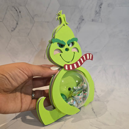 Grinch candy holder, Christmas Candy Holder with Refillable Ornament