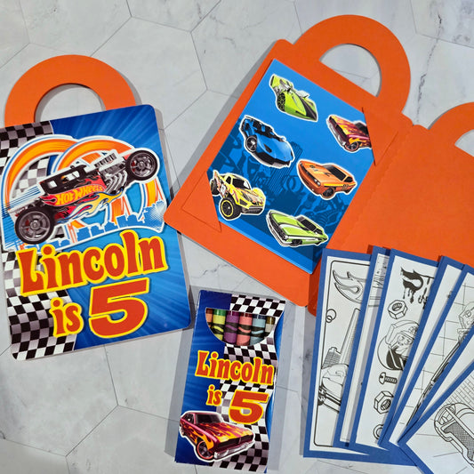 Hot Wheels coloring suite case + stickers, Hot Wheels party favors, Race cars coloring