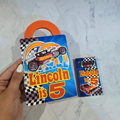 Hot Wheels coloring suite case + stickers, Hot Wheels party favors, Race cars coloring