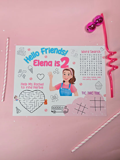 Ms. Rachel Birthday Party Placemats with Activities, Custom Ms. Rachel Themed Placemats for Kids’ Parties