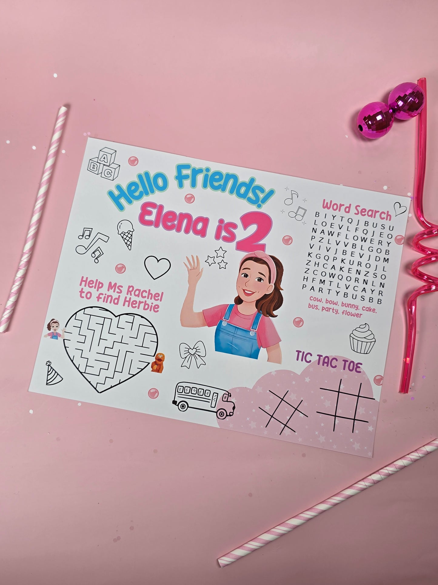 Ms. Rachel Birthday Party Placemats with Activities, Custom Ms. Rachel Themed Placemats for Kids’ Parties