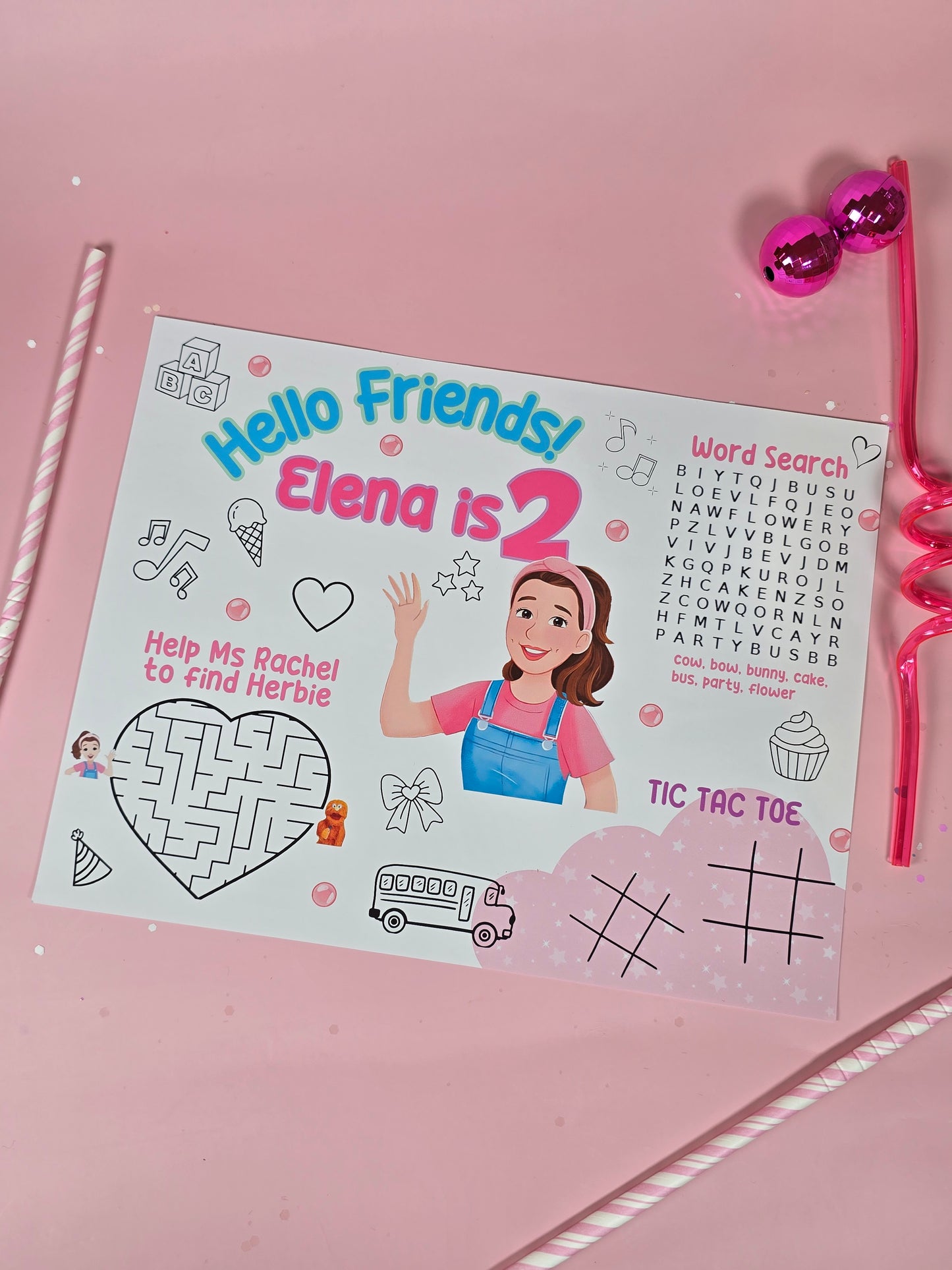 Ms. Rachel Birthday Party Placemats with Activities, Custom Ms. Rachel Themed Placemats for Kids’ Parties