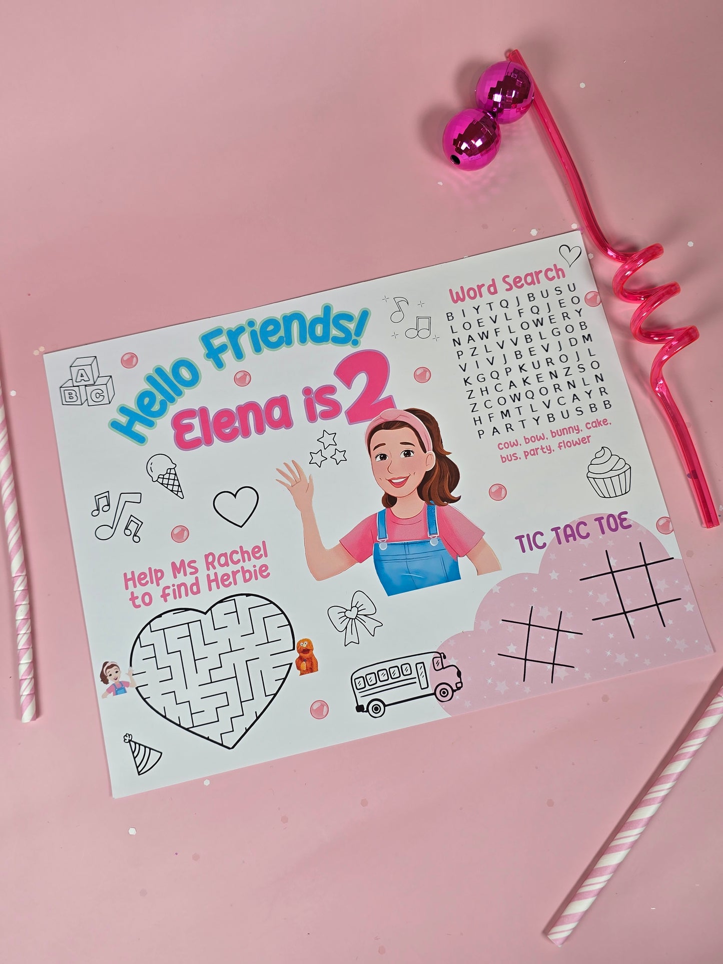 Ms. Rachel Birthday Party Placemats with Activities, Custom Ms. Rachel Themed Placemats for Kids’ Parties