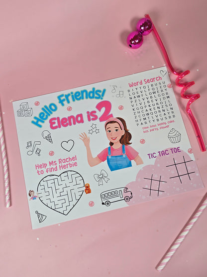 Ms. Rachel Birthday Party Placemats with Activities, Custom Ms. Rachel Themed Placemats for Kids’ Parties