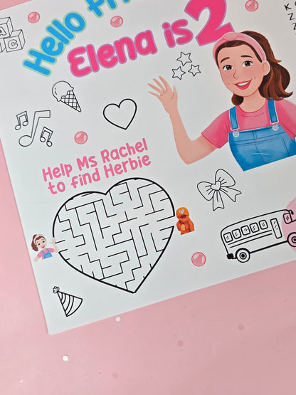 Ms. Rachel Birthday Party Placemats with Activities, Custom Ms. Rachel Themed Placemats for Kids’ Parties