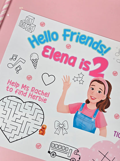 Ms. Rachel Birthday Party Placemats with Activities, Custom Ms. Rachel Themed Placemats for Kids’ Parties