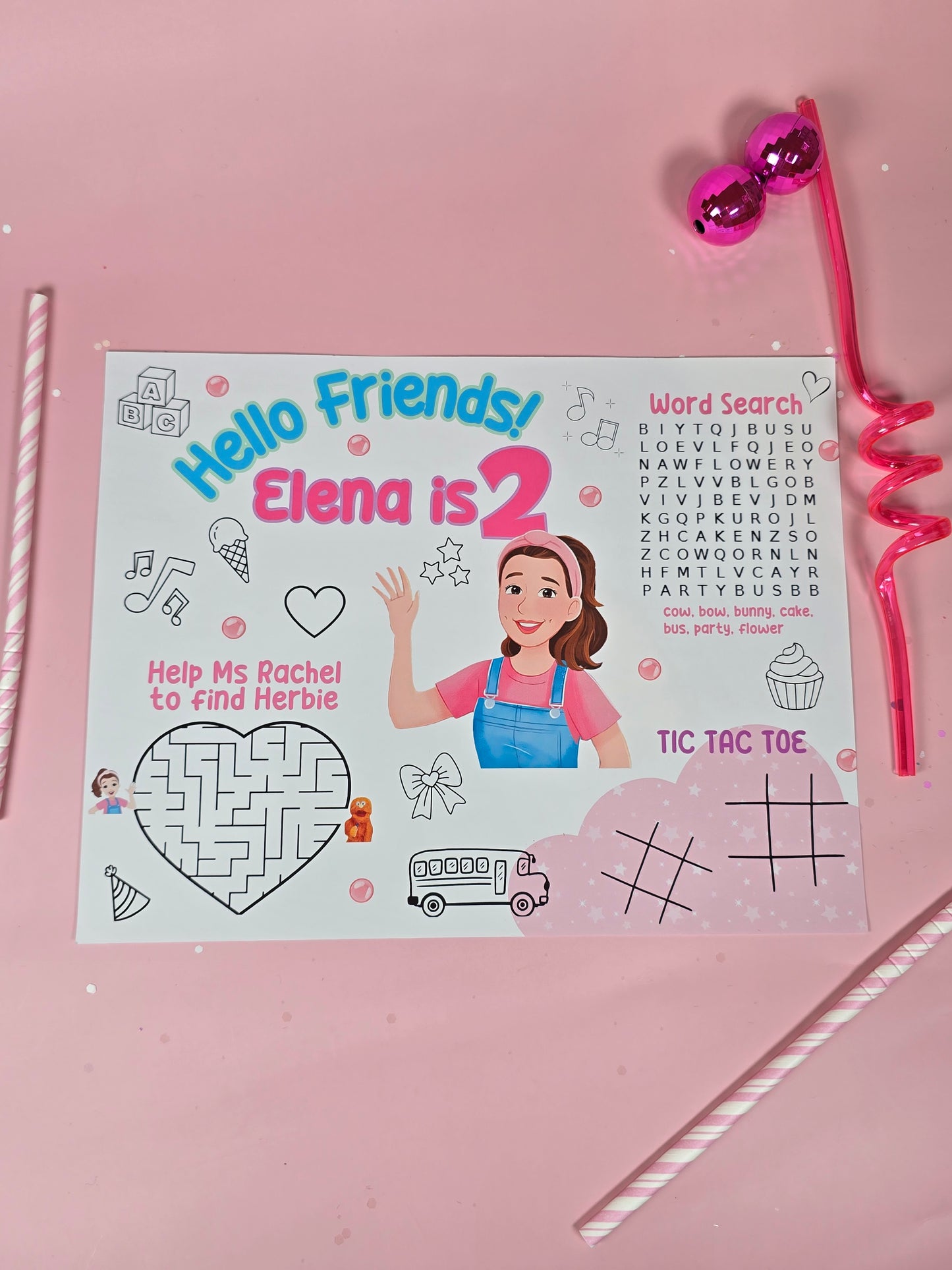 Ms. Rachel Birthday Party Placemats with Activities, Custom Ms. Rachel Themed Placemats for Kids’ Parties