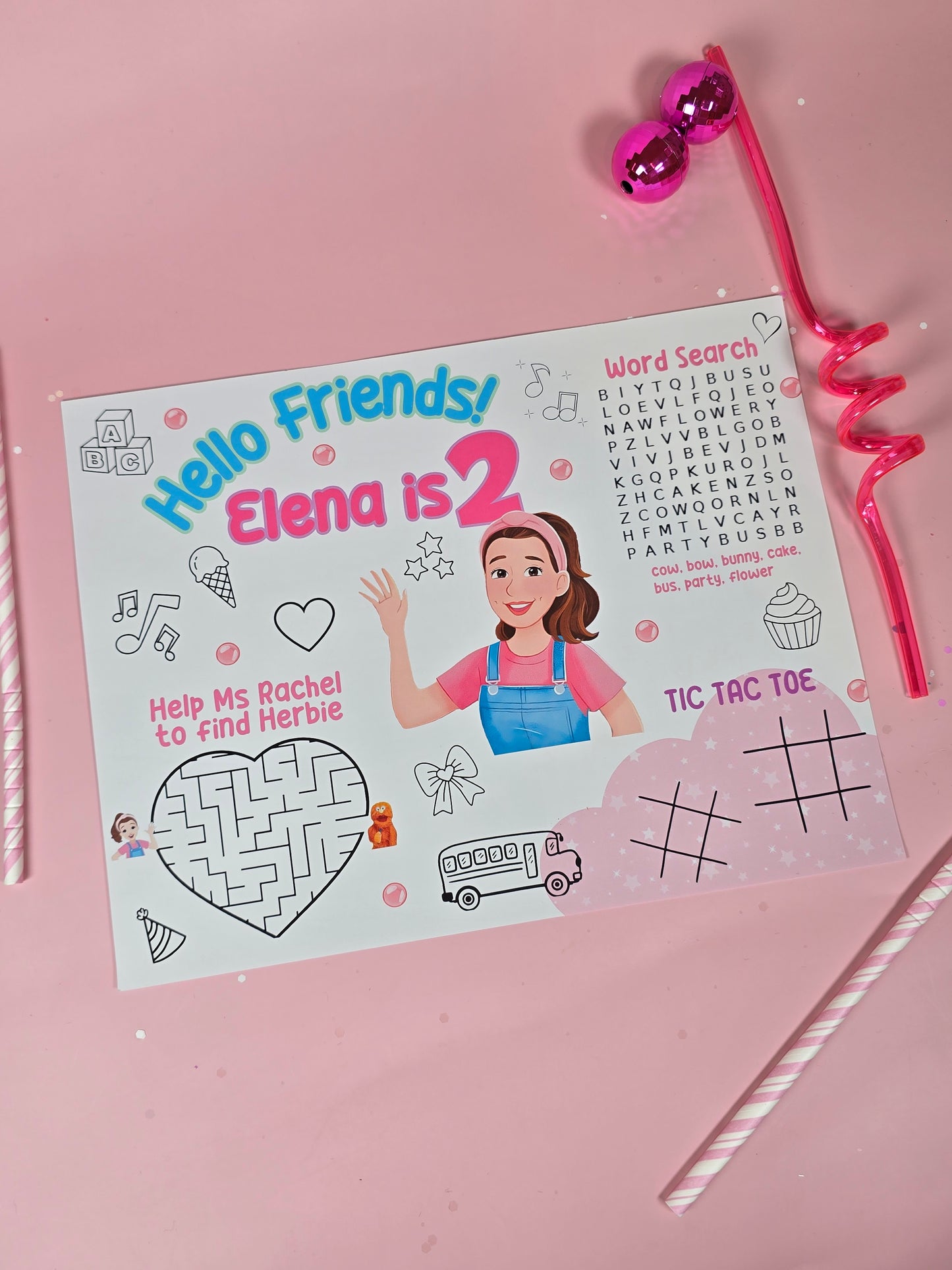 Ms. Rachel Birthday Party Placemats with Activities, Custom Ms. Rachel Themed Placemats for Kids’ Parties