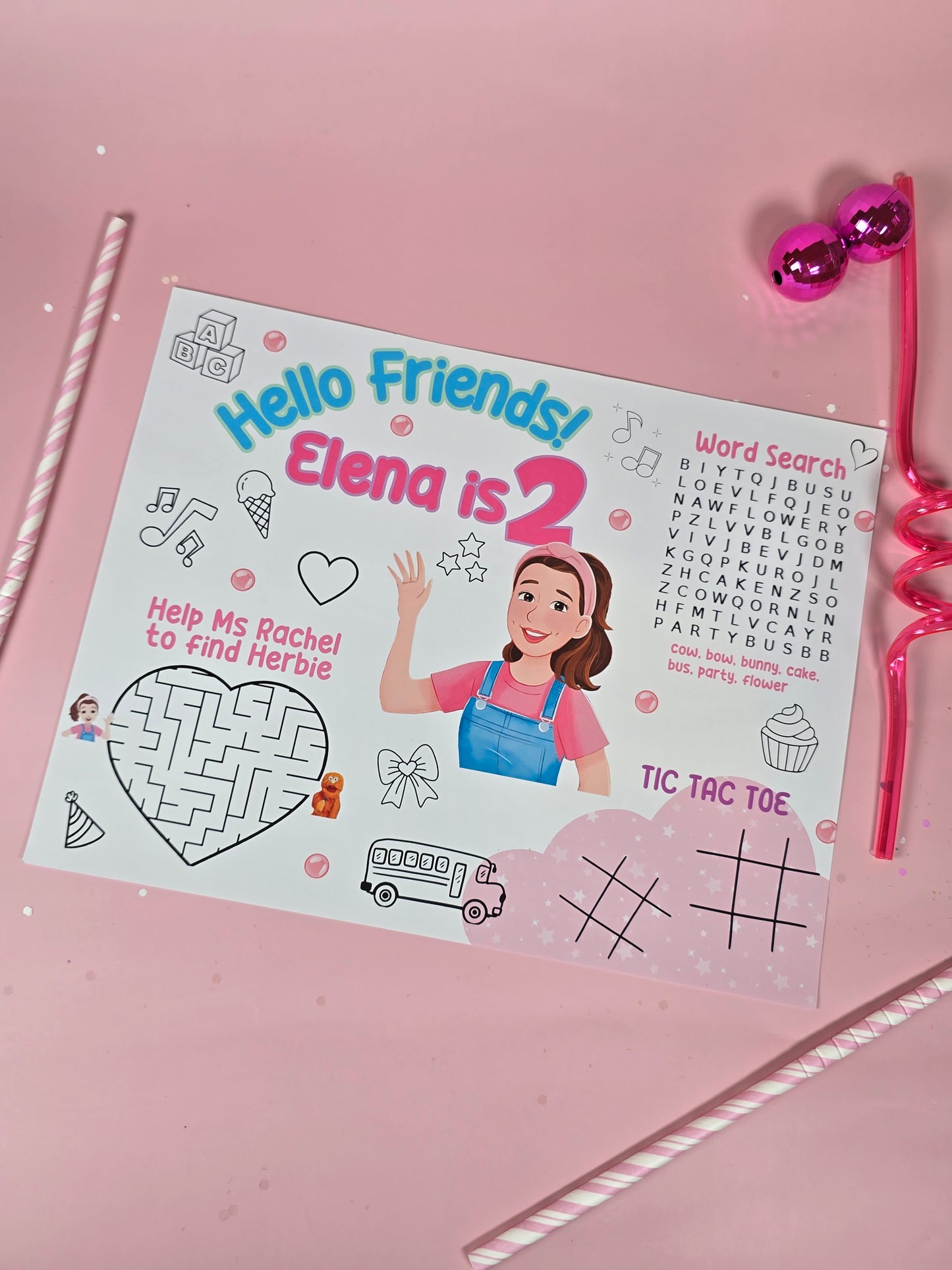 Ms. Rachel Birthday Party Placemats with Activities, Custom Ms. Rachel Themed Placemats for Kids’ Parties