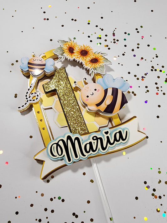 Bee Cake topper,bee and sunflowers cake decoration, First bee day cake topper