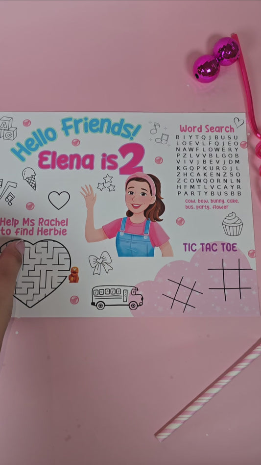 Ms. Rachel Birthday Party Placemats with Activities, Custom Ms. Rachel Themed Placemats for Kids’ Parties