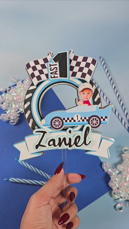 Race Car Cake topper, One fast birthday, Race cars Fast one party theme, Blue edition