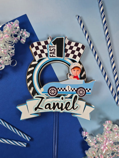 Race Car Cake topper, One fast birthday, Race cars Fast one party theme, Blue edition
