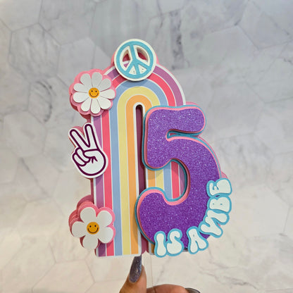 Groovy Rainbow Cake topper, 5 is a vibe Cake topper, five is a vibe cake topper