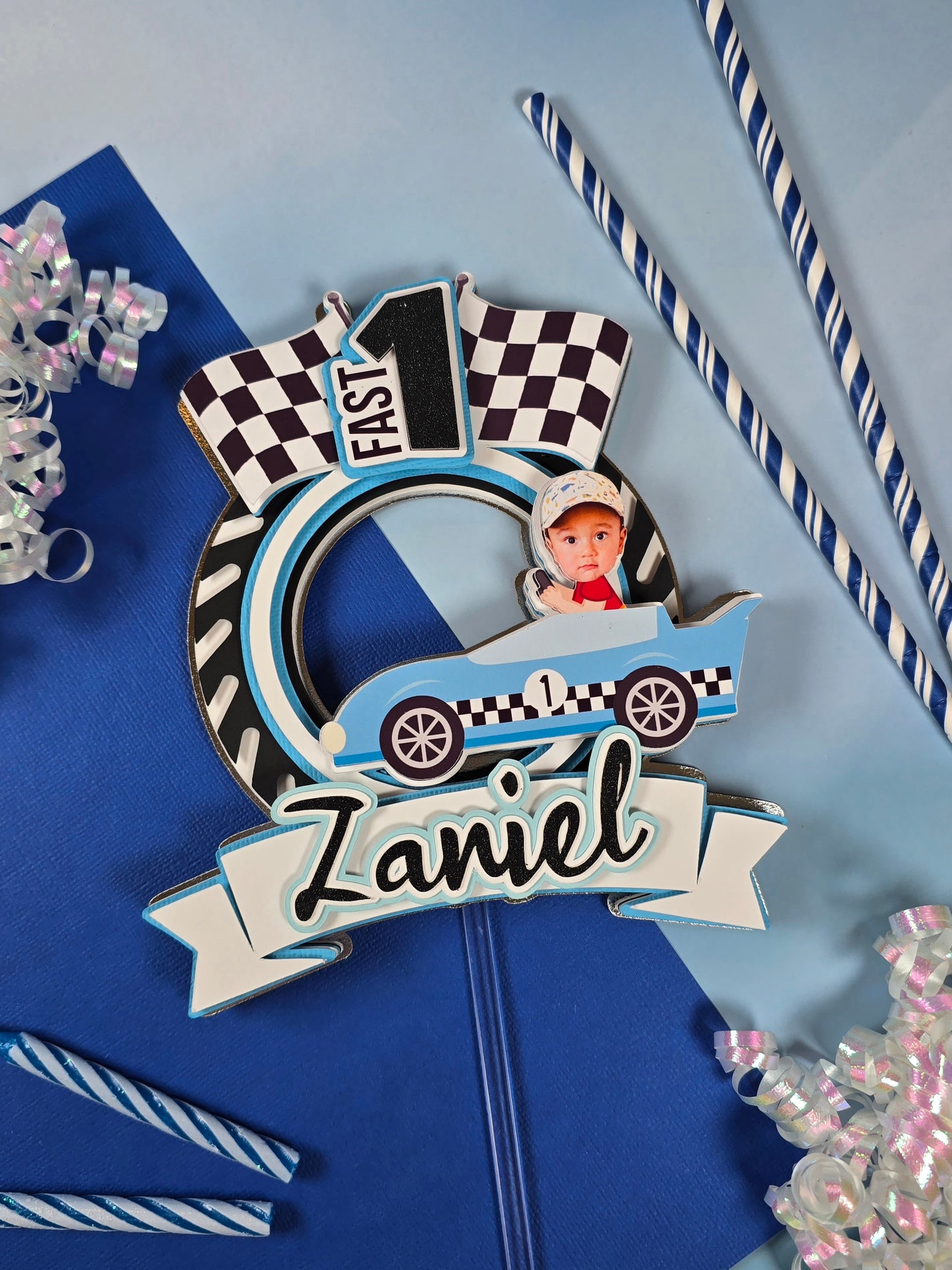 Race Car Cake topper, One fast birthday, Race cars Fast one party theme, Blue edition