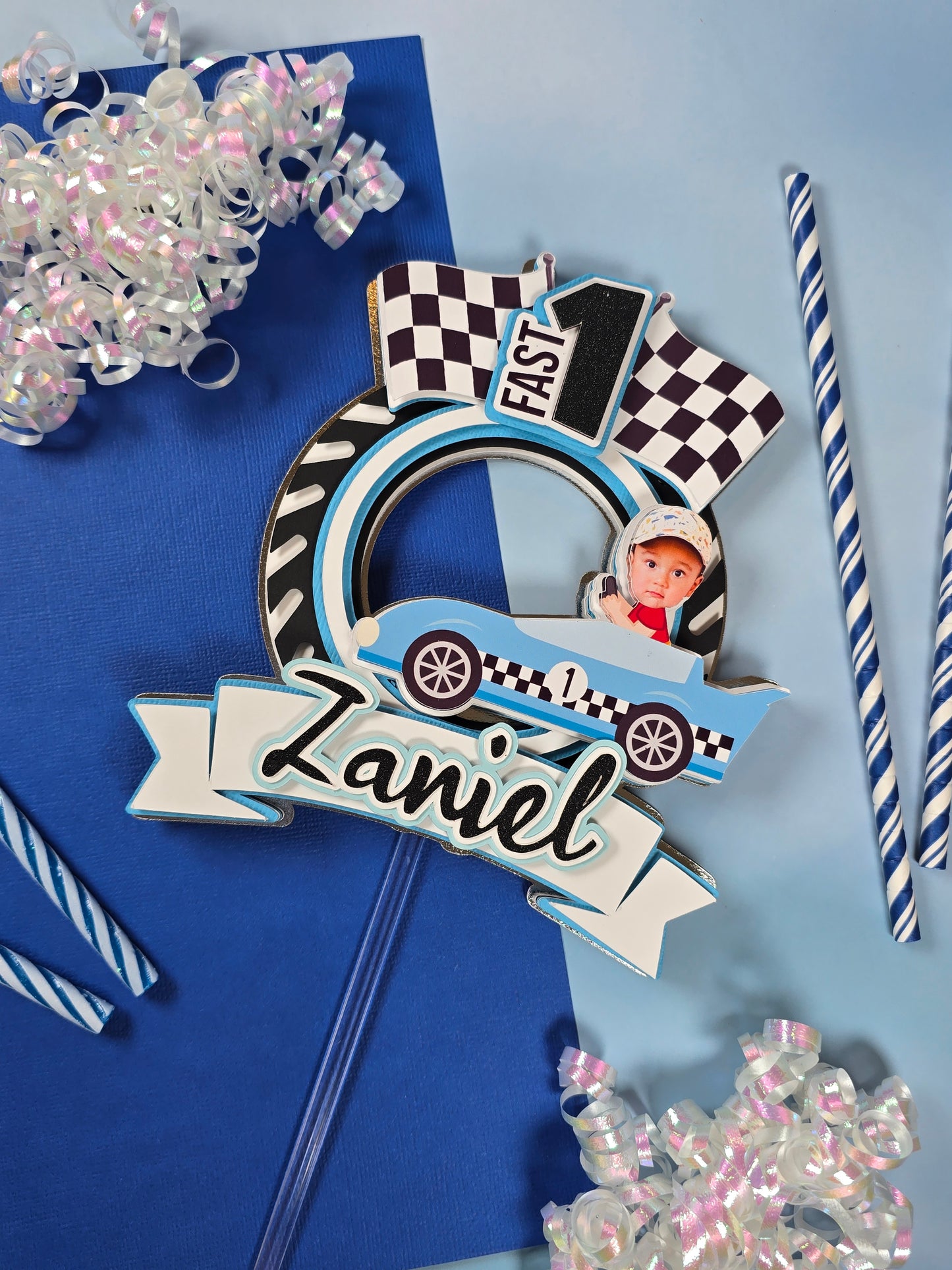 Race Car Cake topper, One fast birthday, Race cars Fast one party theme, Blue edition