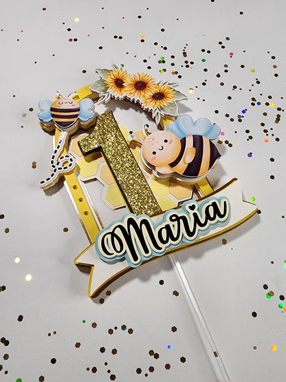 Bee Cake topper,bee and sunflowers cake decoration, First bee day cake topper