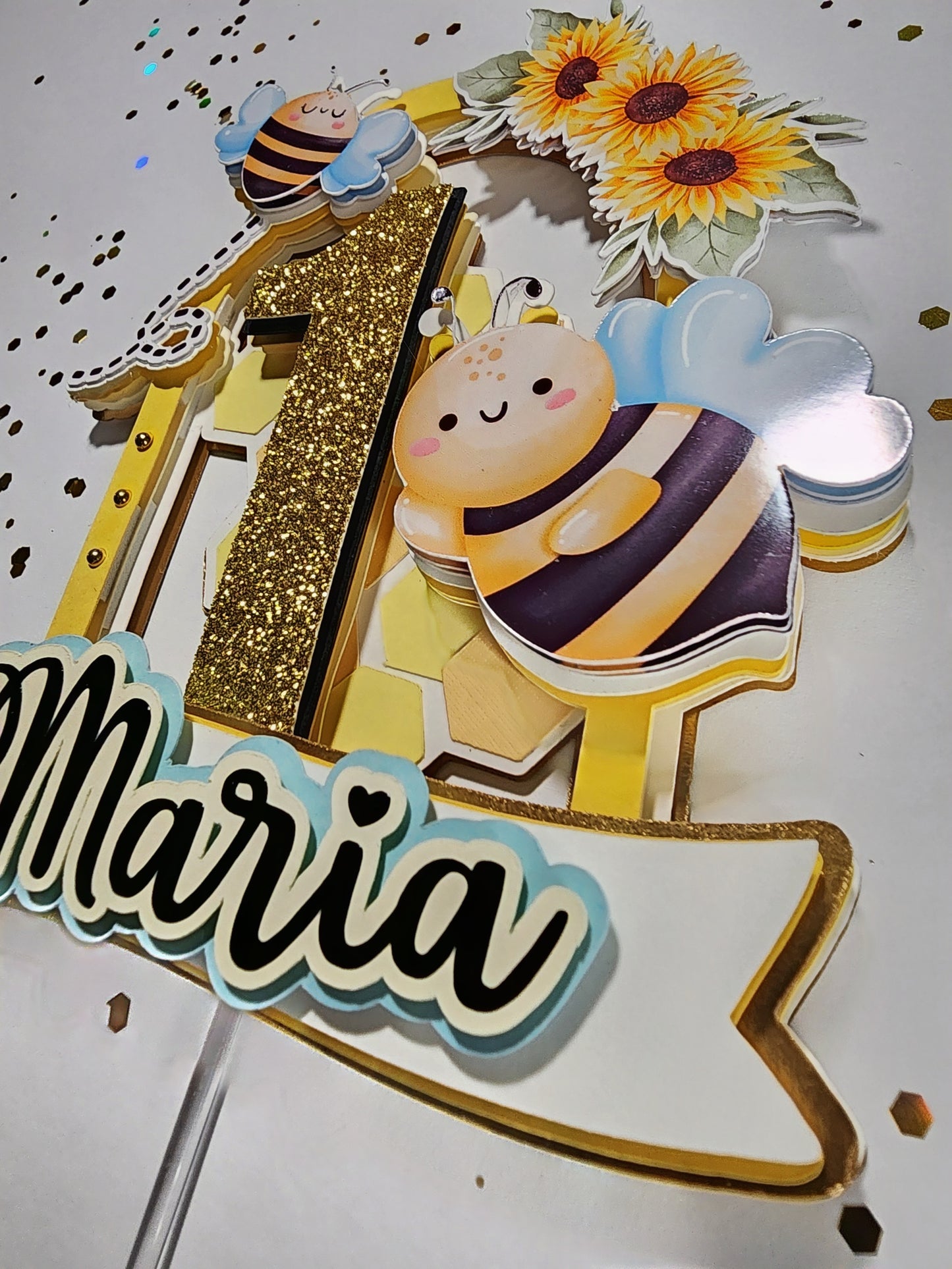 Bee Cake topper,bee and sunflowers cake decoration, First bee day cake topper