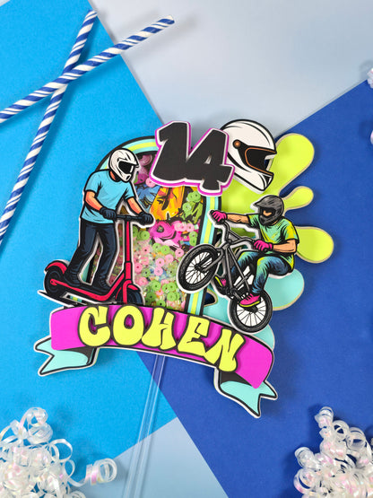 Boy Scooter Cake topper, Graffiti cake topper, Bike party theme