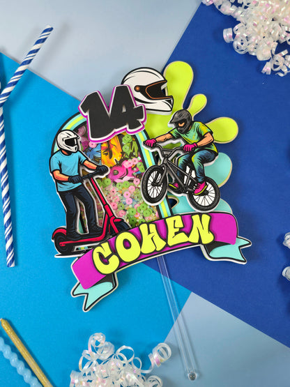 Boy Scooter Cake topper, Graffiti cake topper, Bike party theme