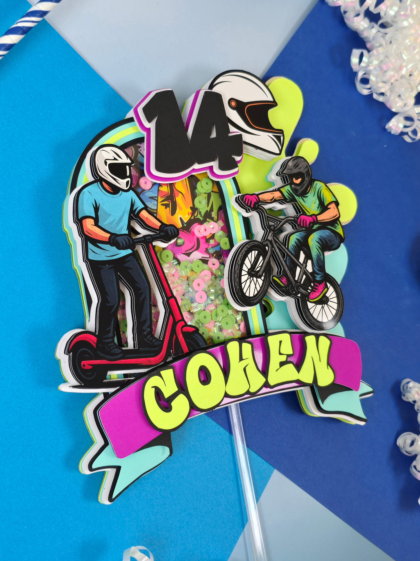 Boy Scooter Cake topper, Graffiti cake topper, Bike party theme