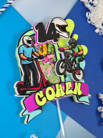 Boy Scooter Cake topper, Graffiti cake topper, Bike party theme