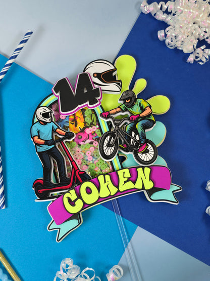 Boy Scooter Cake topper, Graffiti cake topper, Bike party theme
