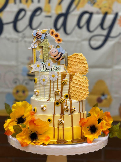 Bee Cake topper,bee and sunflowers cake decoration, First bee day cake topper