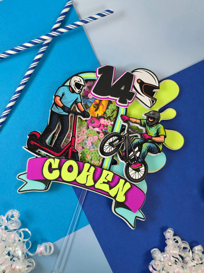 Boy Scooter Cake topper, Graffiti cake topper, Bike party theme