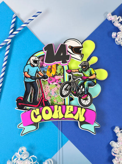 Boy Scooter Cake topper, Graffiti cake topper, Bike party theme