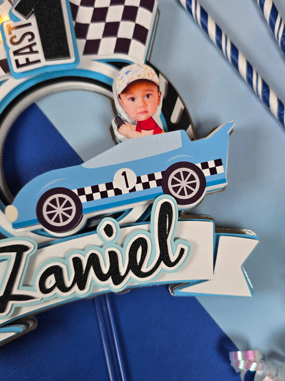 Race Car Cake topper, One fast birthday, Race cars Fast one party theme, Blue edition