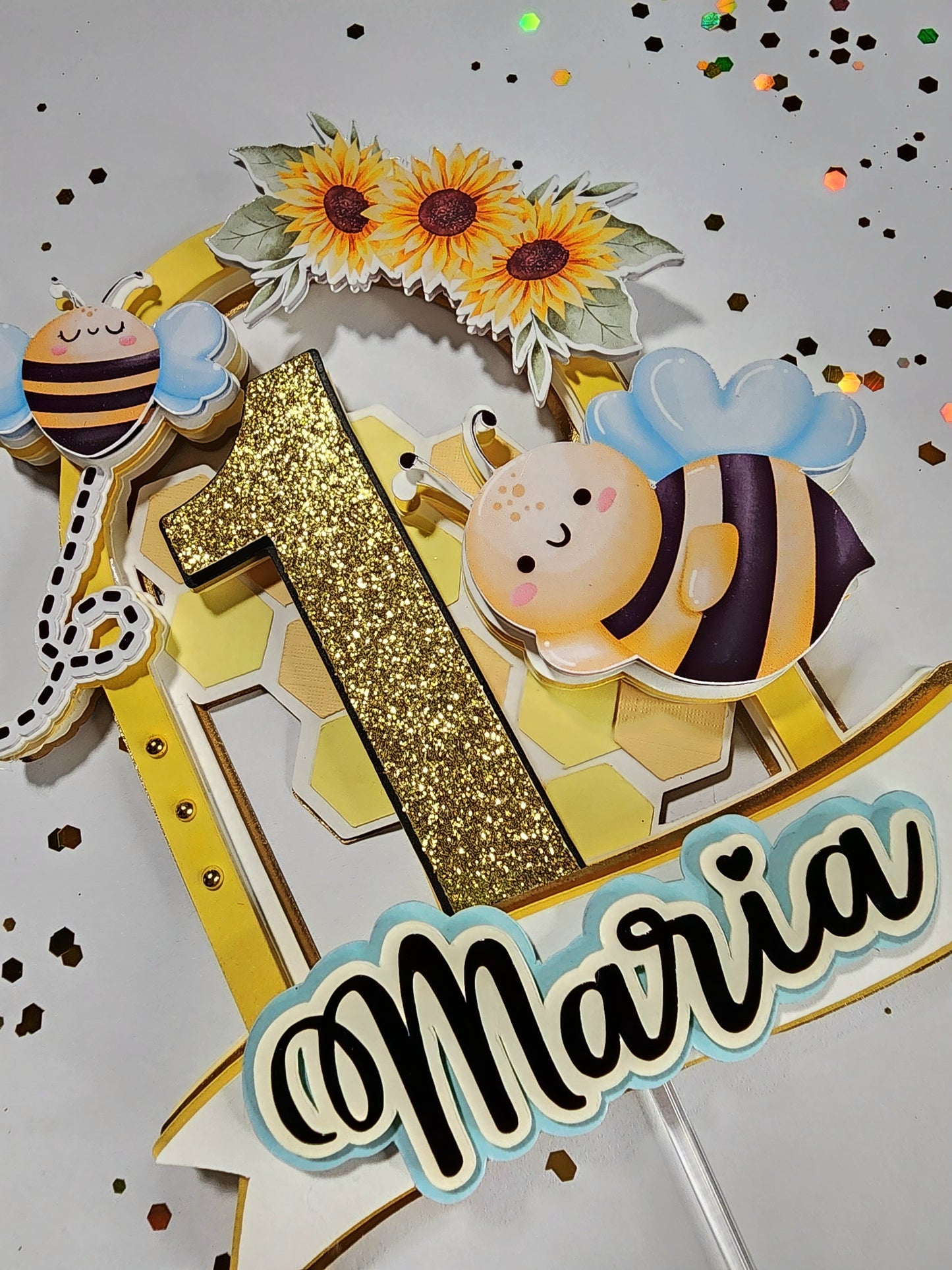 Bee Cake topper,bee and sunflowers cake decoration, First bee day cake topper