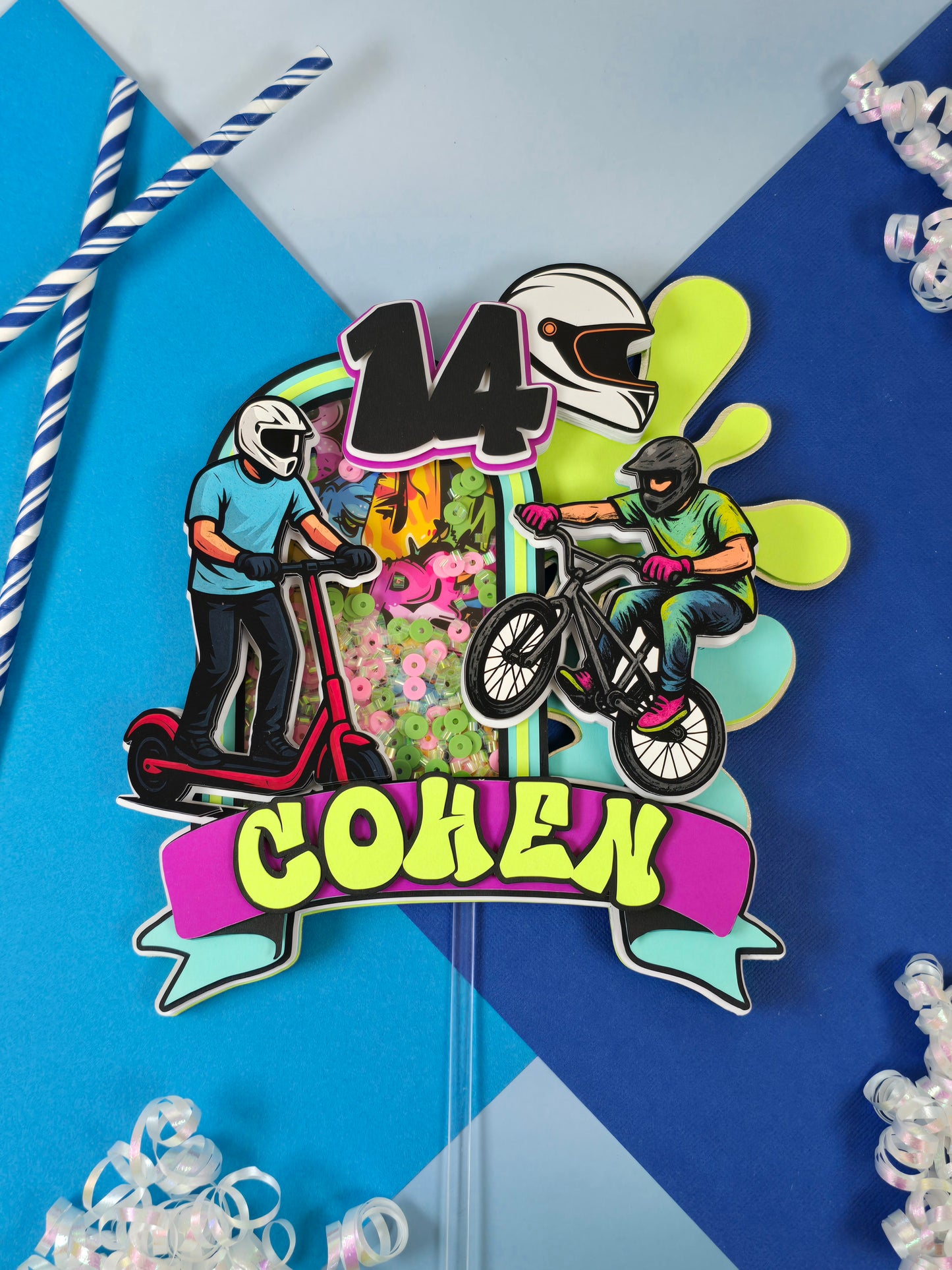 Boy Scooter Cake topper, Graffiti cake topper, Bike party theme
