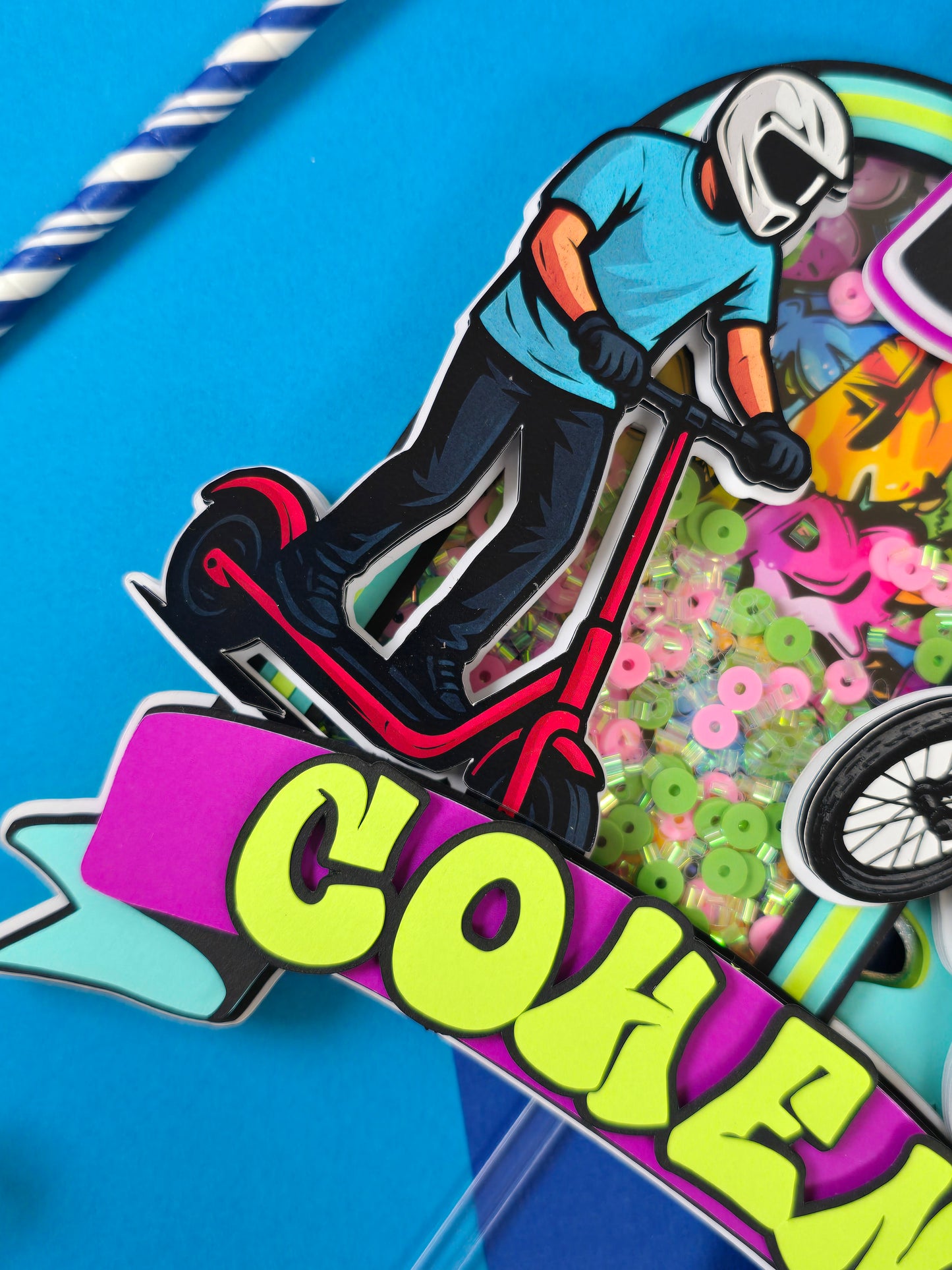 Boy Scooter Cake topper, Graffiti cake topper, Bike party theme