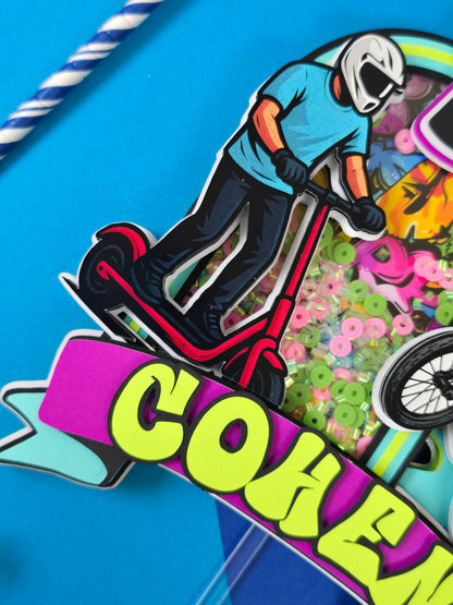 Boy Scooter Cake topper, Graffiti cake topper, Bike party theme
