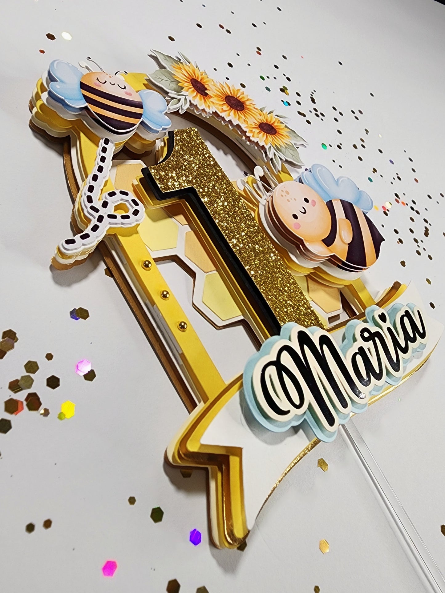 Bee Cake topper,bee and sunflowers cake decoration, First bee day cake topper