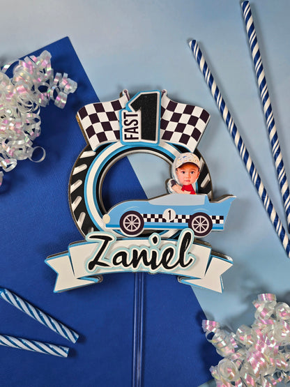 Race Car Cake topper, One fast birthday, Race cars Fast one party theme, Blue edition