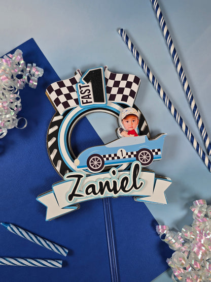 Race Car Cake topper, One fast birthday, Race cars Fast one party theme, Blue edition